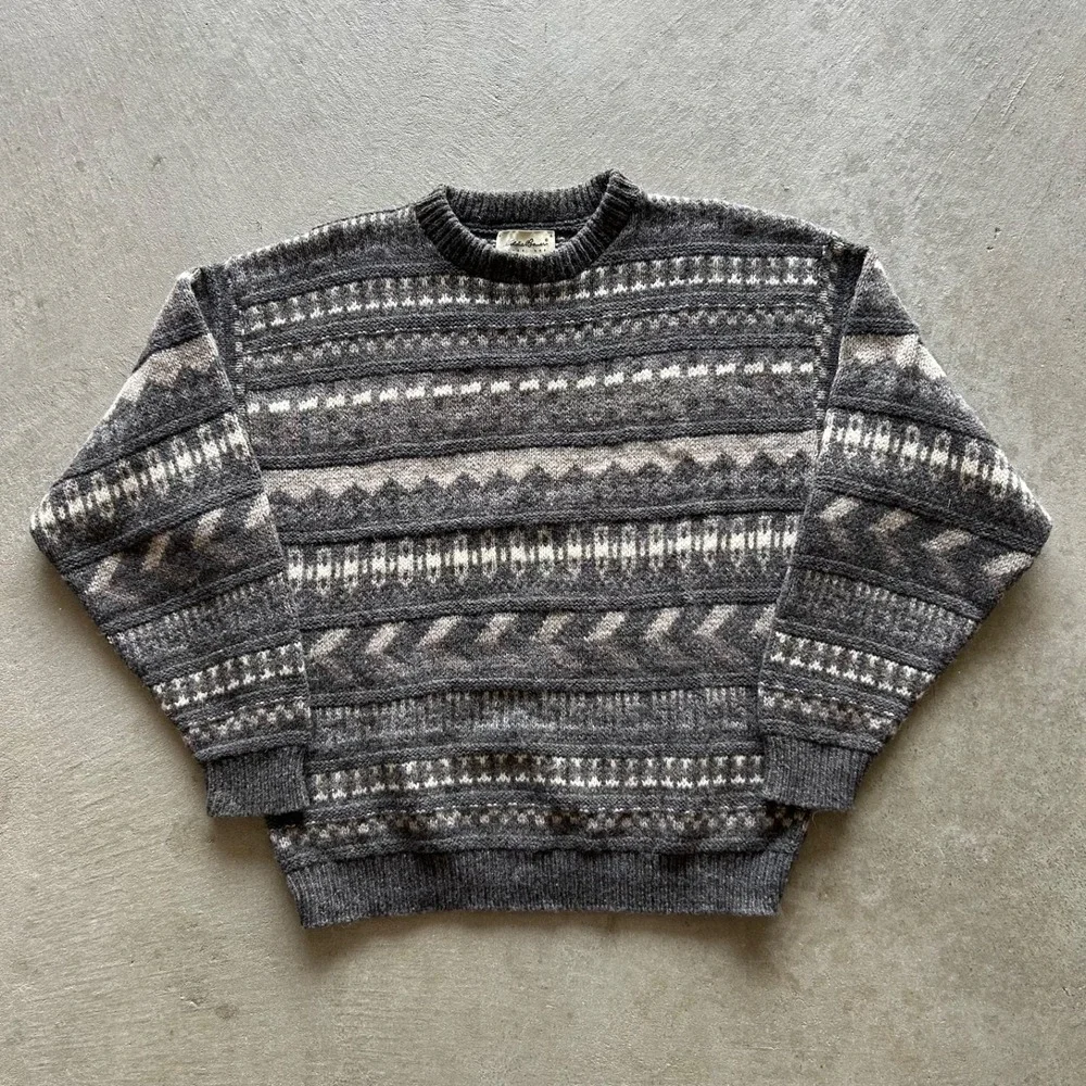 Vintage 90s Eddie Bauer Sweater Size Large Gray Striped Wool Pullover USA Made